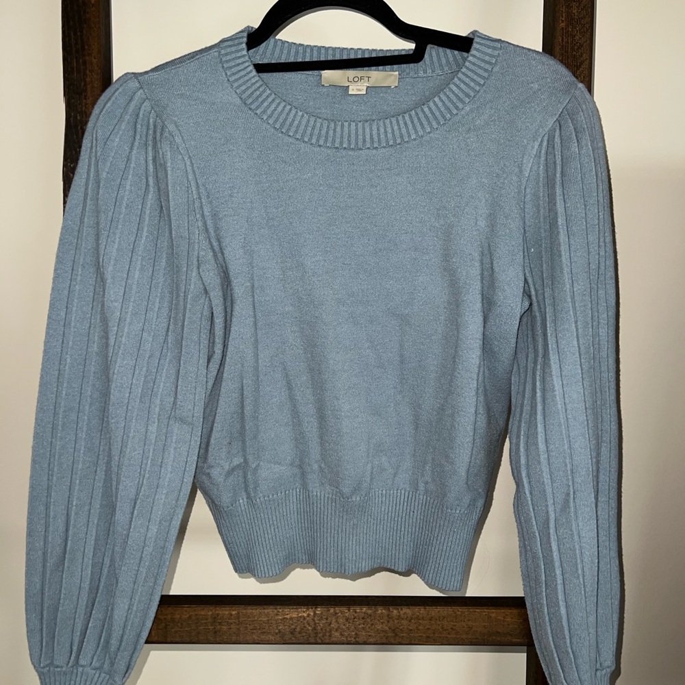 LOFT Blue Crew Neck Sweater with Balloon Sleeves